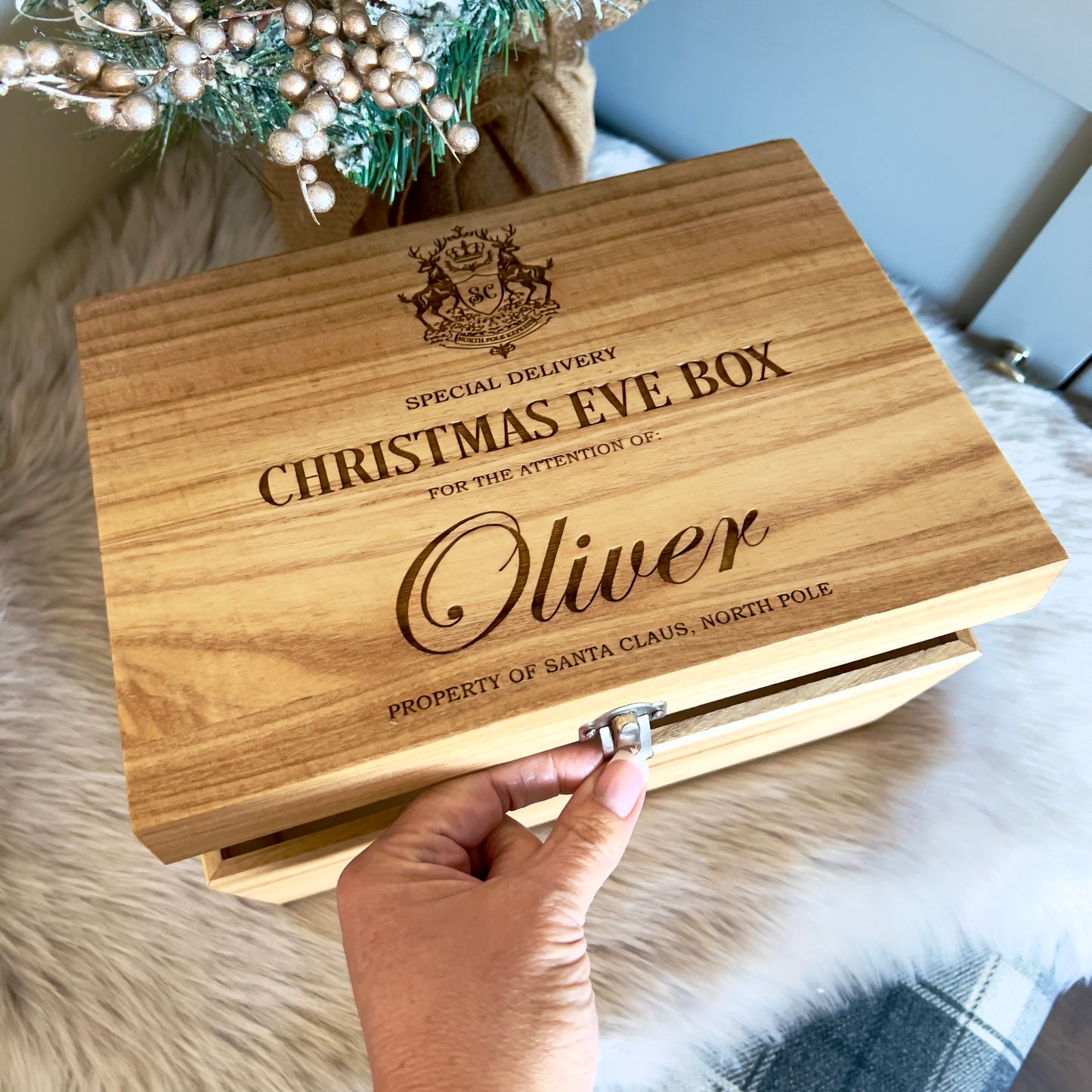 Engraved Christmas Eve Box, personalised festive wooden box