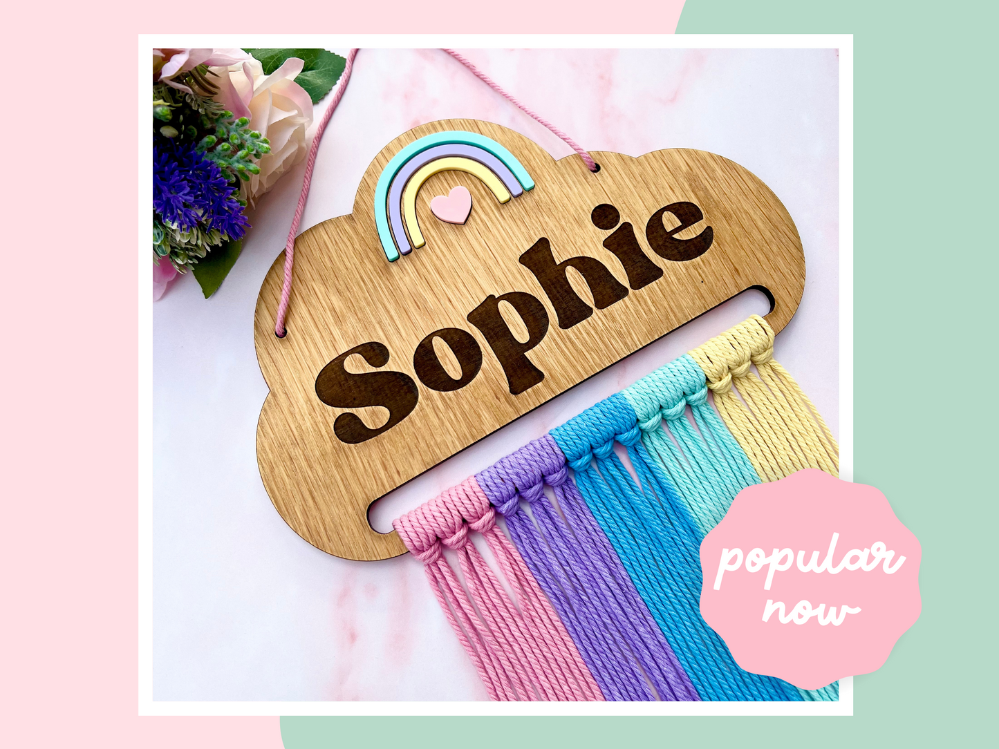 Personalised Wooden Rainbow Macramé Hair Bow Holder