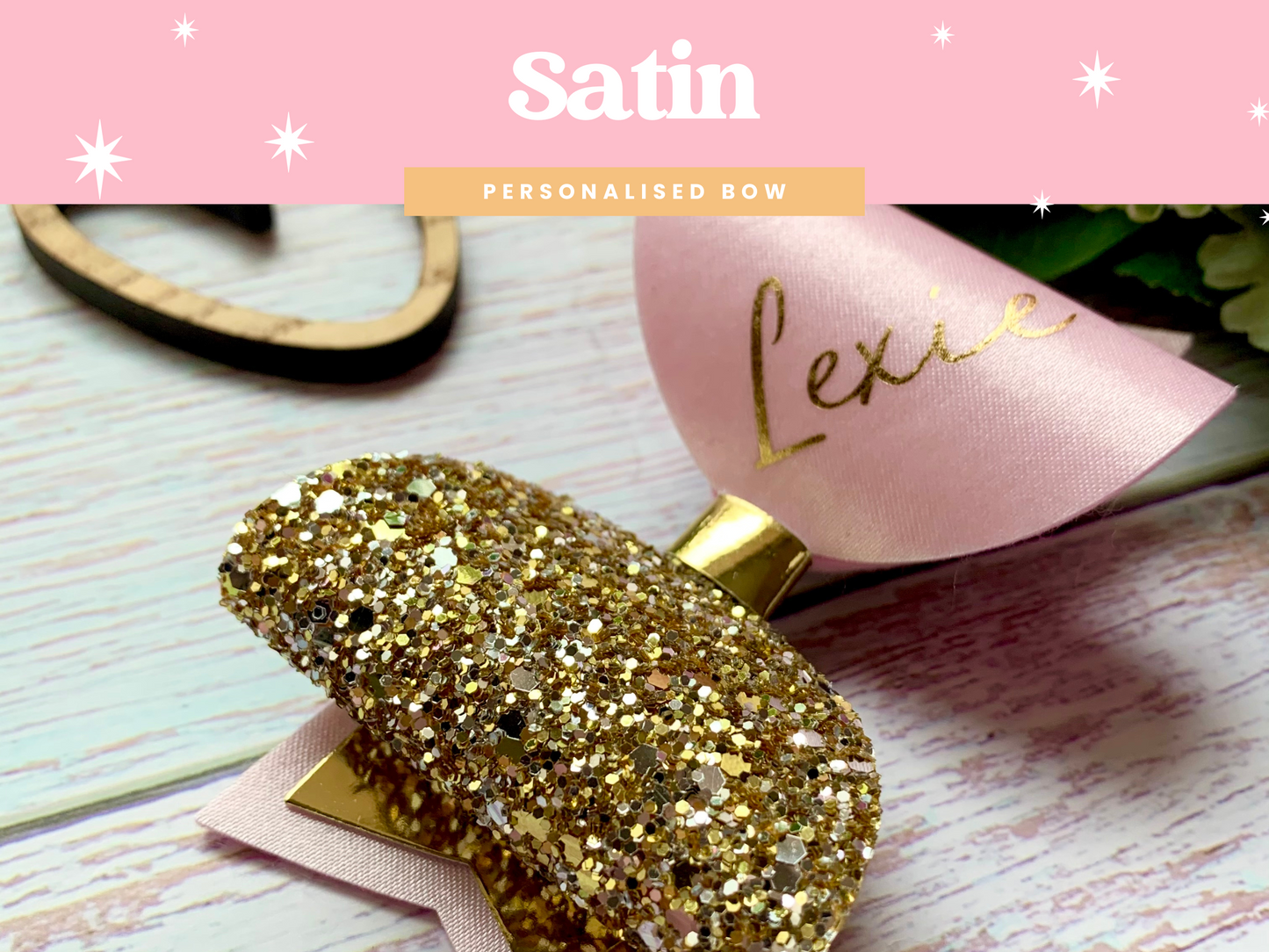 Personalised Baby Pink Satin Bow, Gold Glitter Name Bow