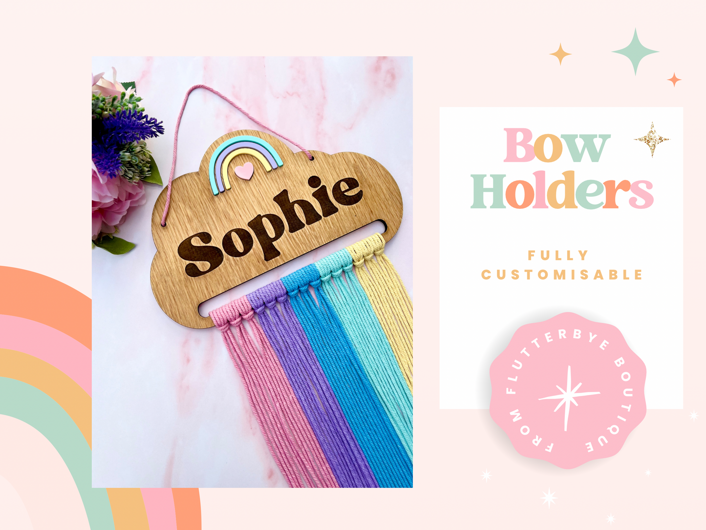 Personalised Wooden Rainbow Macramé Hair Bow Holder