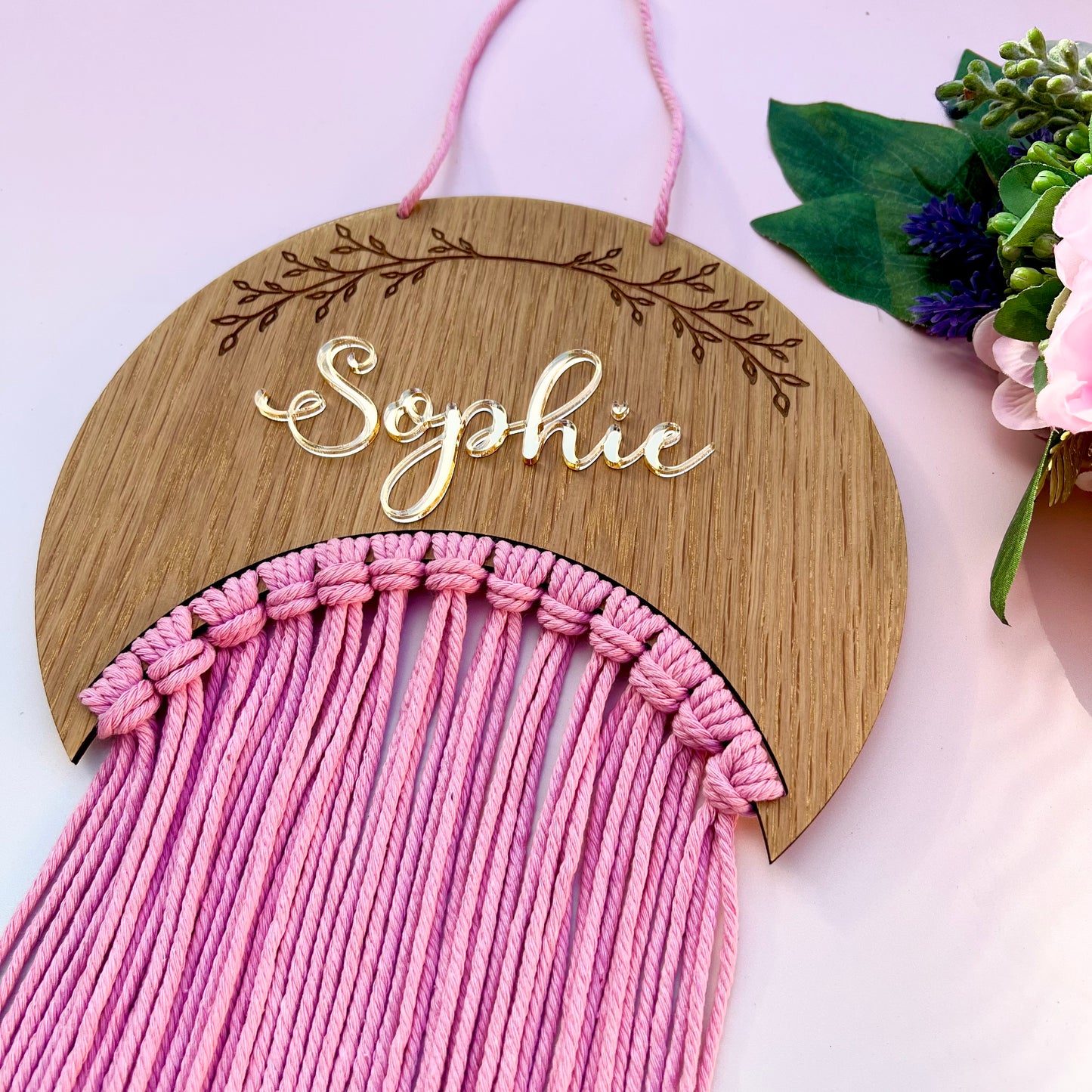 Personalised Wooden crescent Macramé Hair Bow Holder