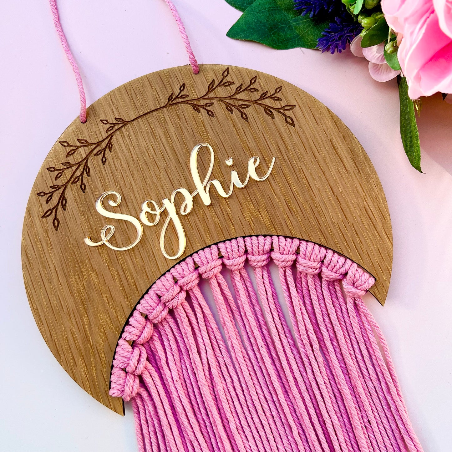 Personalised Wooden crescent Macramé Hair Bow Holder