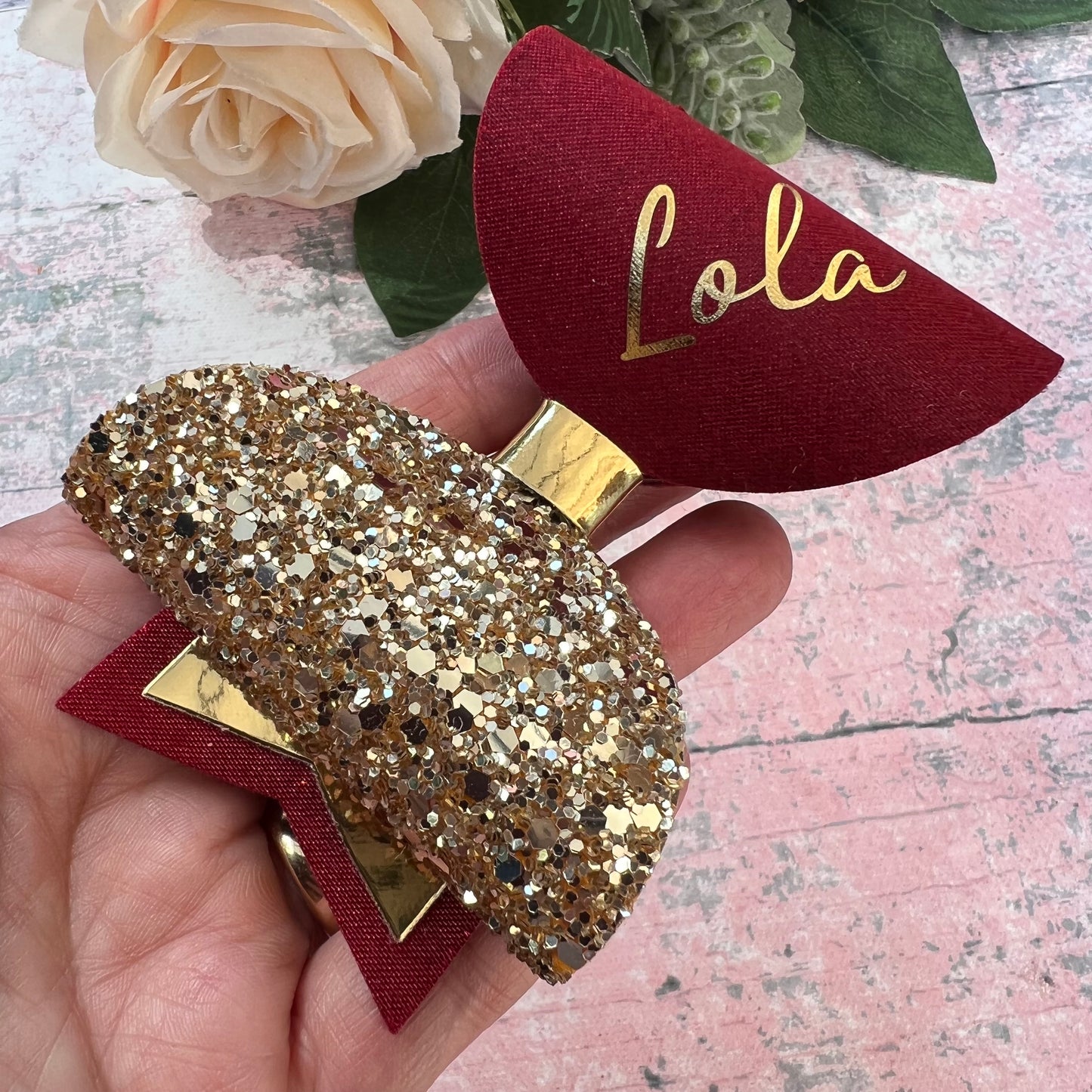 Personalised Burgundy Satin Bow, Gold Glitter Name Bow