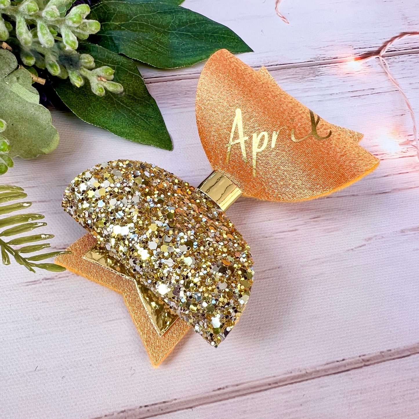 Personalised Baby Mustard Satin Bow, Gold Glitter Name Bow