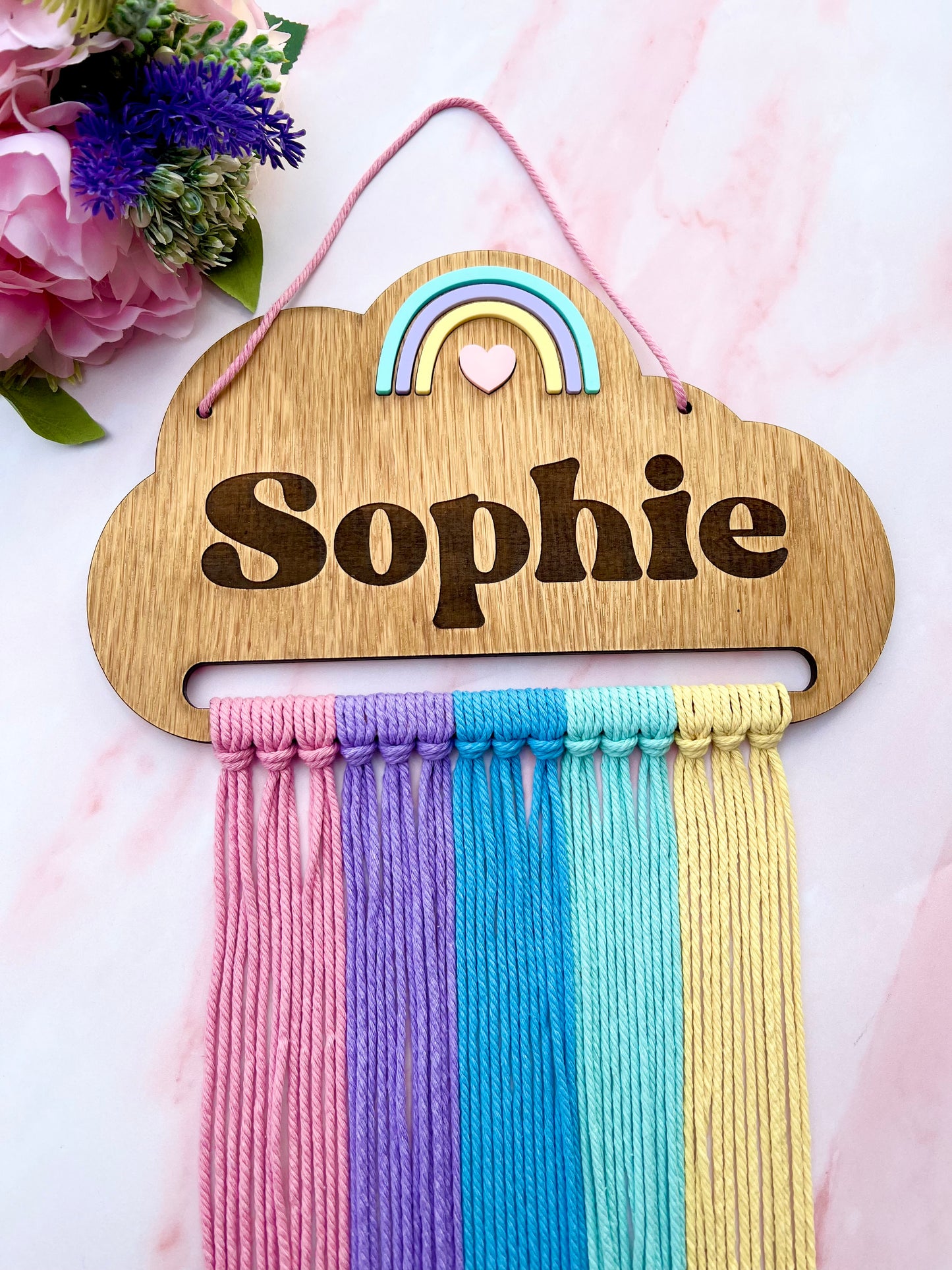 Personalised Wooden Rainbow Macramé Hair Bow Holder
