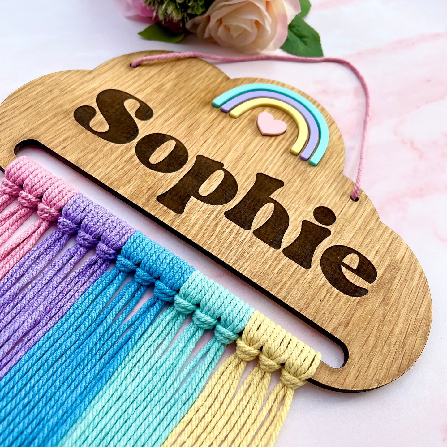 Personalised Wooden Rainbow Macramé Hair Bow Holder
