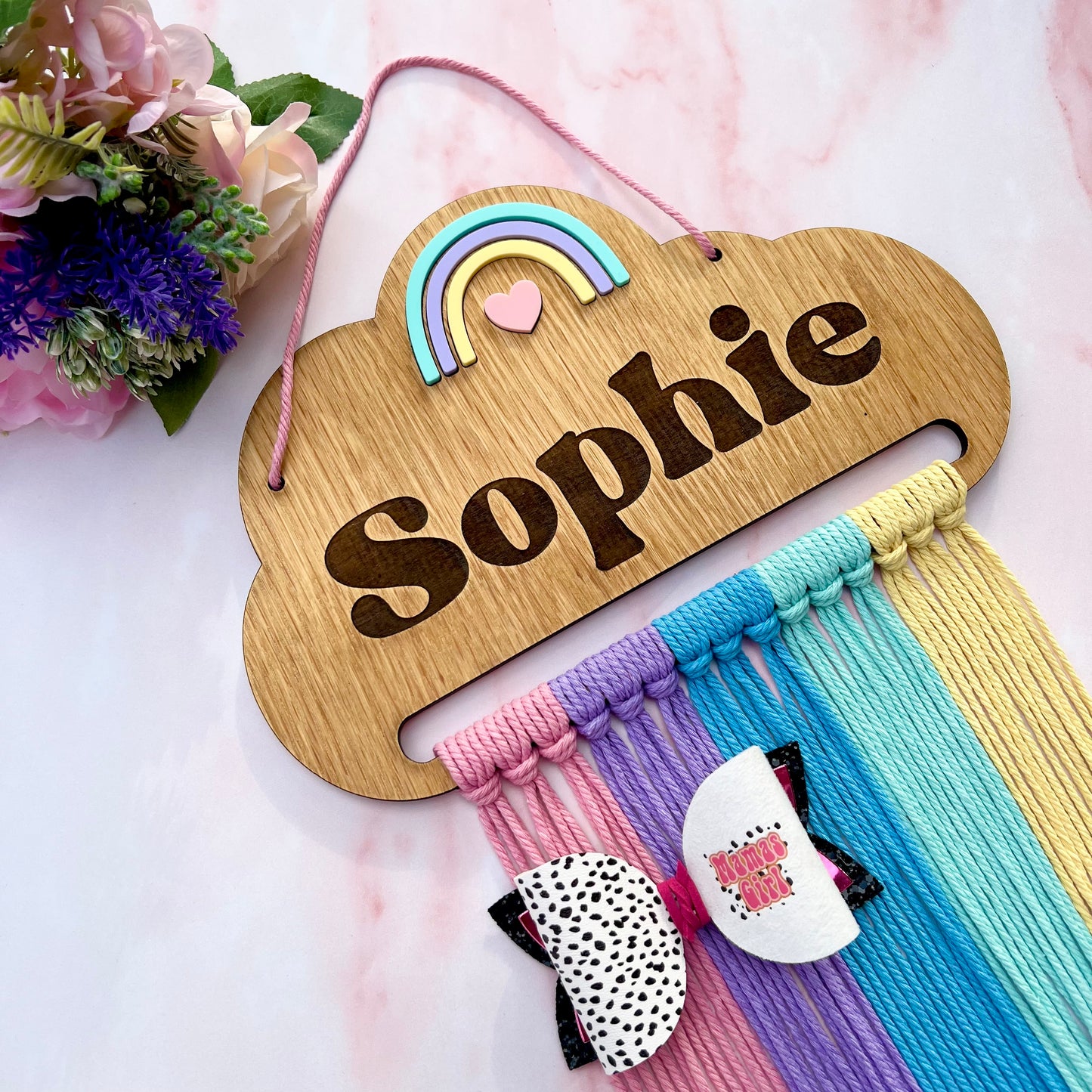 Personalised Wooden Rainbow Macramé Hair Bow Holder