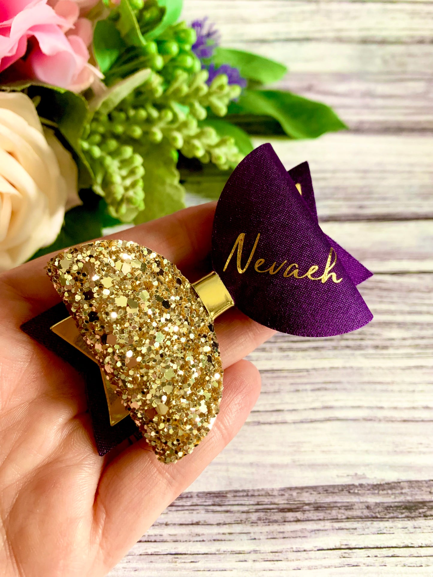 Personalised Cadbury Purple Satin Bow, Gold Glitter Name Bow