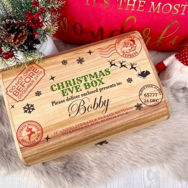 Christmas Eve Box, personalised festive wooden treasure chest