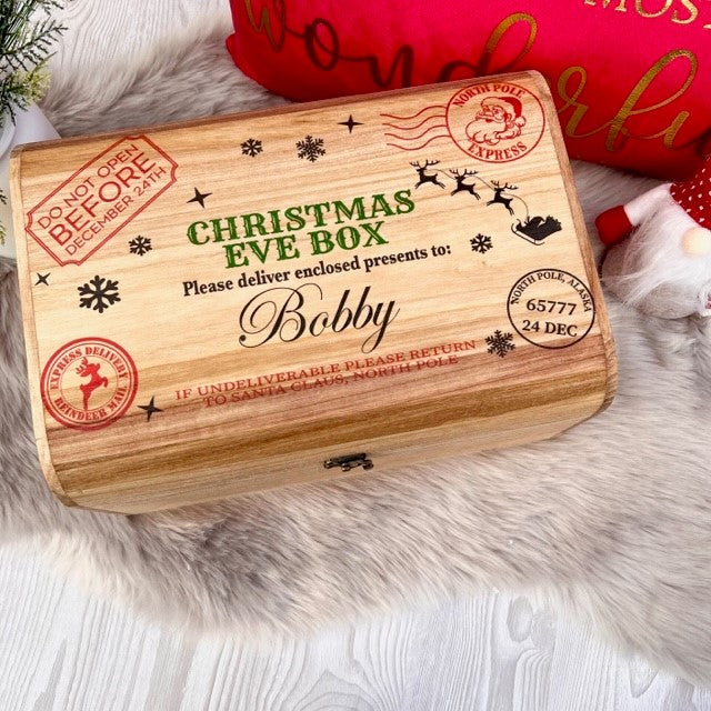 Christmas Eve Box, personalised festive wooden treasure chest