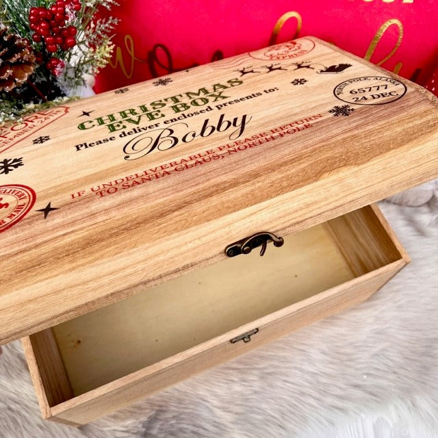 Christmas Eve Box, personalised festive wooden treasure chest