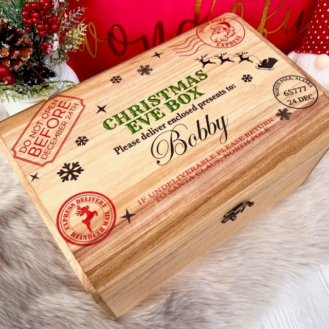 Christmas Eve Box, personalised festive wooden treasure chest