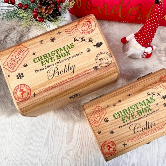 Christmas Eve Box, personalised festive wooden treasure chest