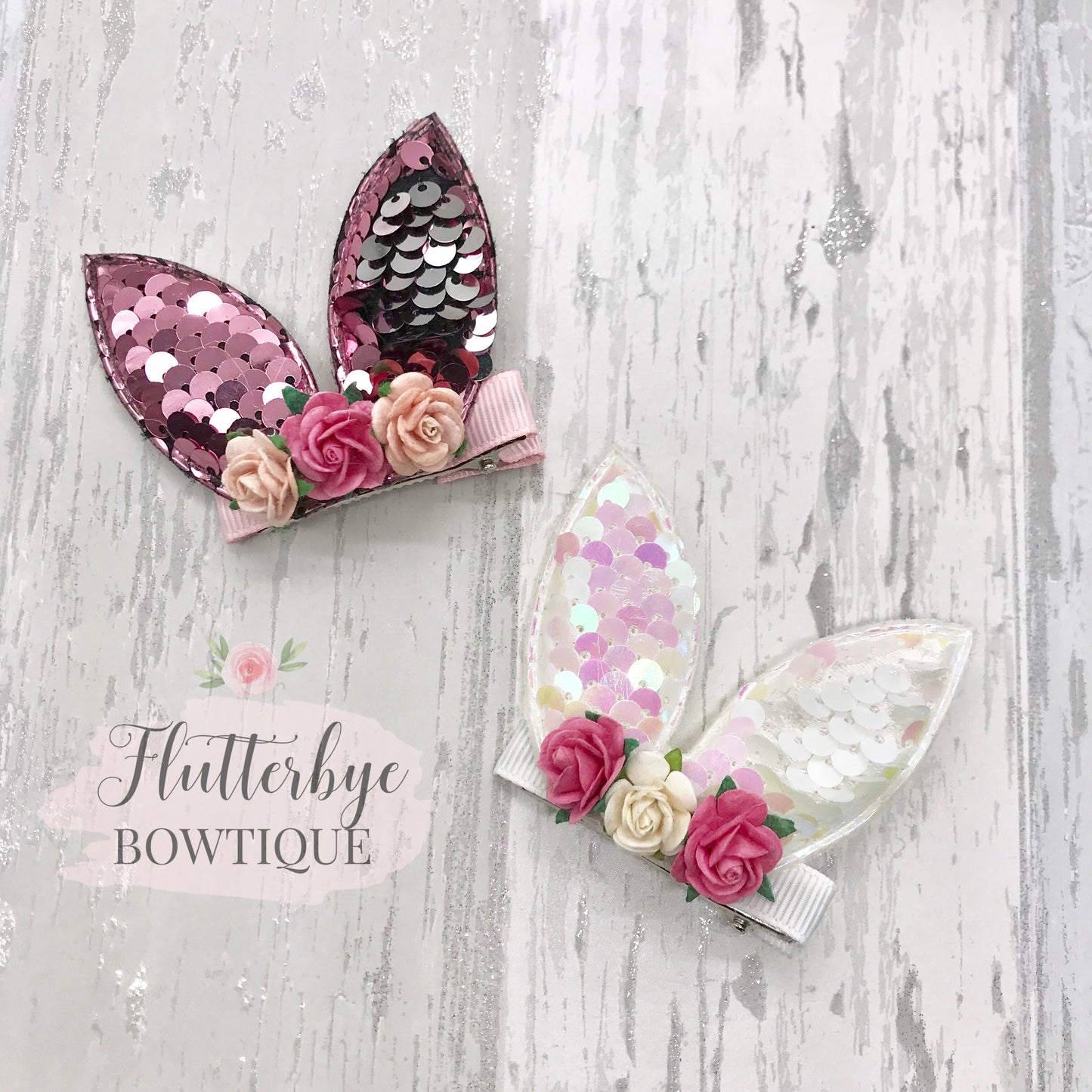 Cute Sequin Bunny Hair Clip, Floral bunny clip set - Flutterbye Bowtique