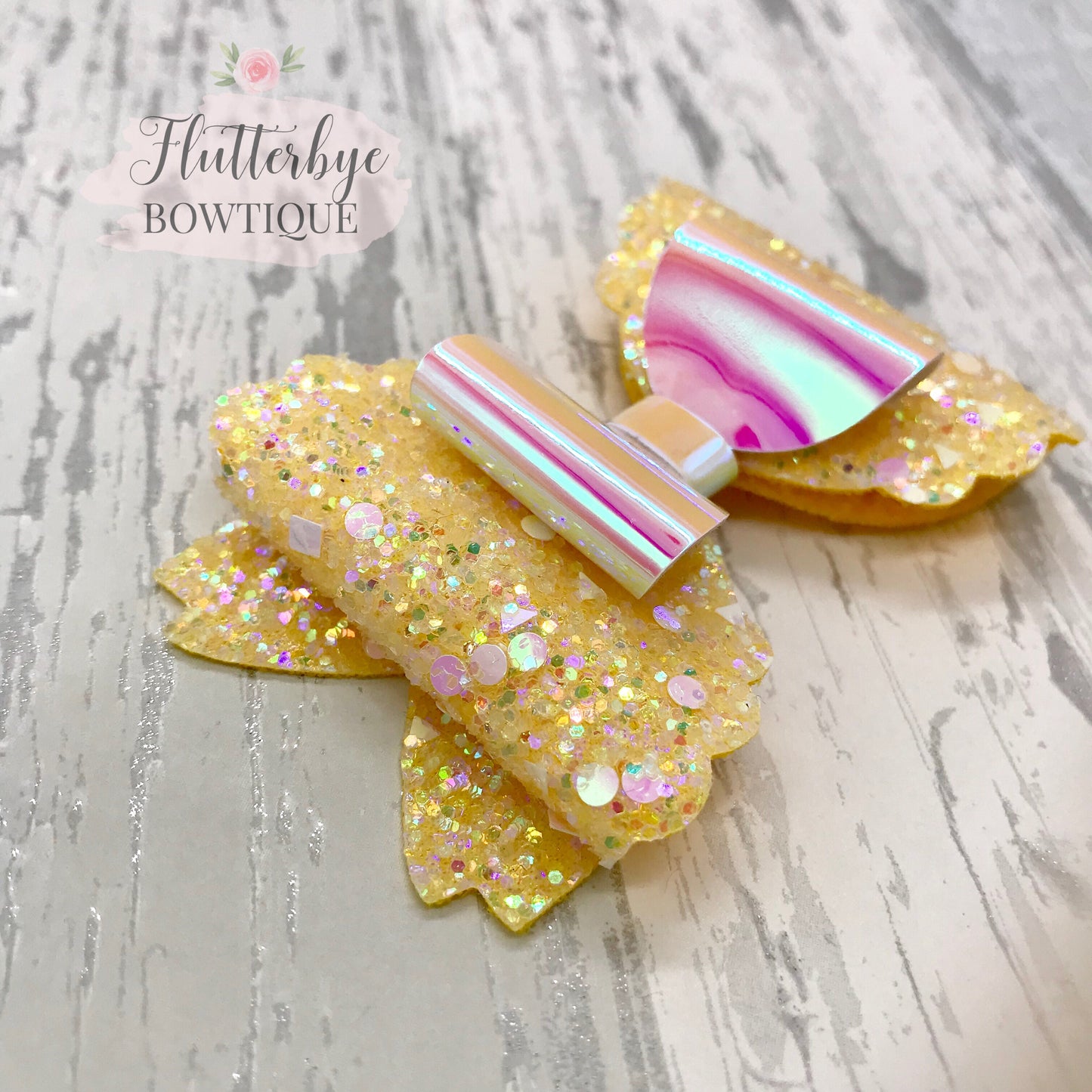 Iridescent Glitter and Mirror Scalloped Double Bow - Flutterbye Bowtique
