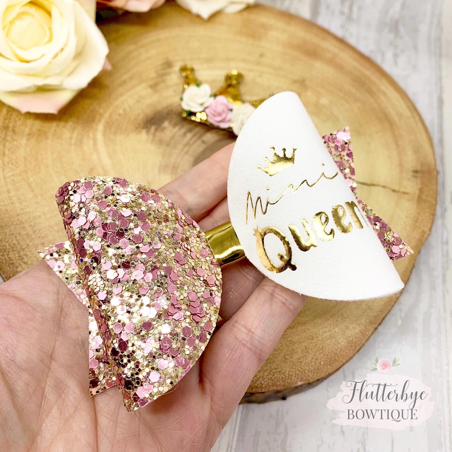 Personalised Mini Queen Set Hair Bow, Crown Bow - Flutterbye Bowtique