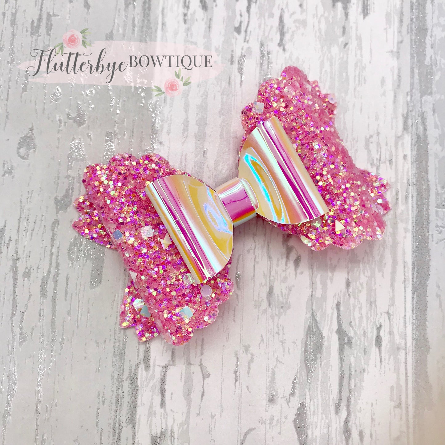 Iridescent Glitter and Mirror Scalloped Double Bow - Flutterbye Bowtique