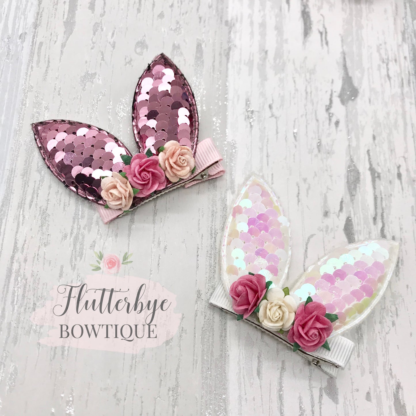 Cute Sequin Bunny Hair Clip, Floral bunny clip set - Flutterbye Bowtique