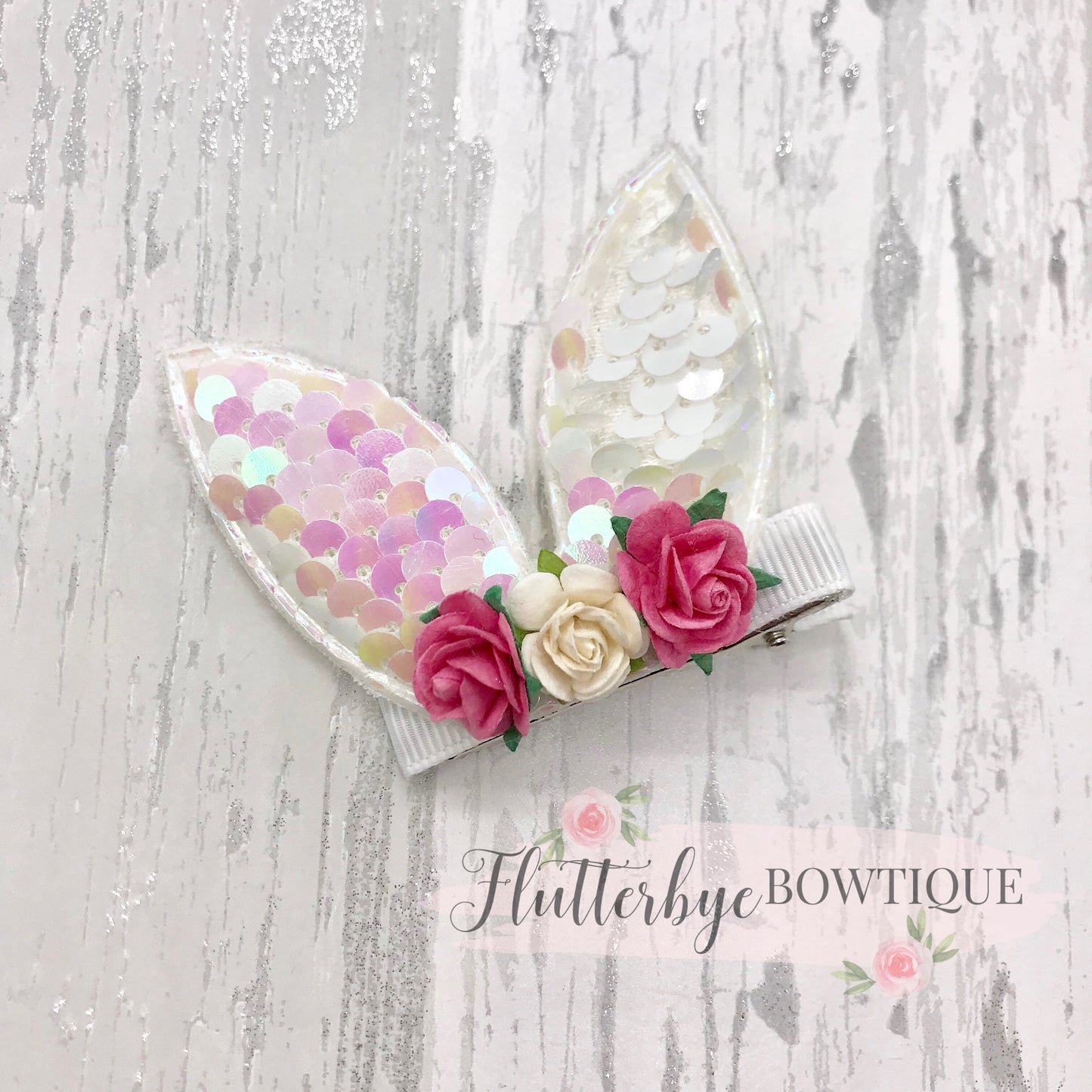 Cute Sequin Bunny Hair Clip, Floral bunny clip set - Flutterbye Bowtique