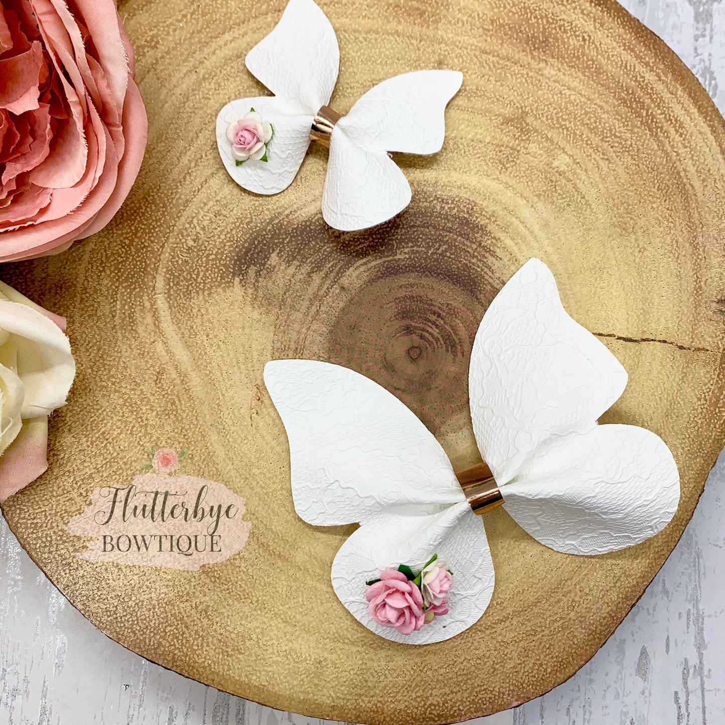 Lace Leatherette Butterfly Hair Clip, Floral Butterflies bow - Flutterbye Bowtique