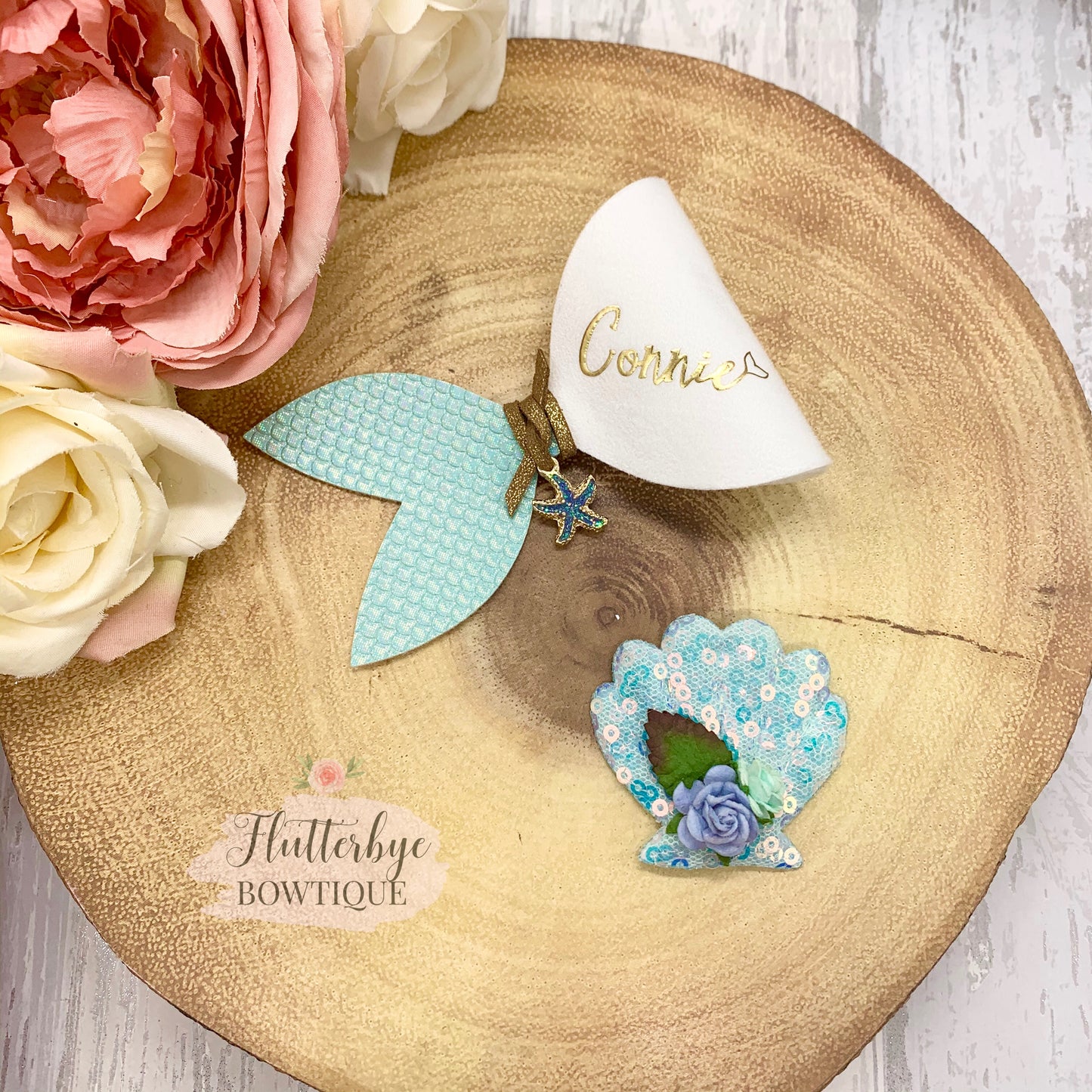 Personalised Mermaid Hair Bow and Shell clip set - Flutterbye Bowtique