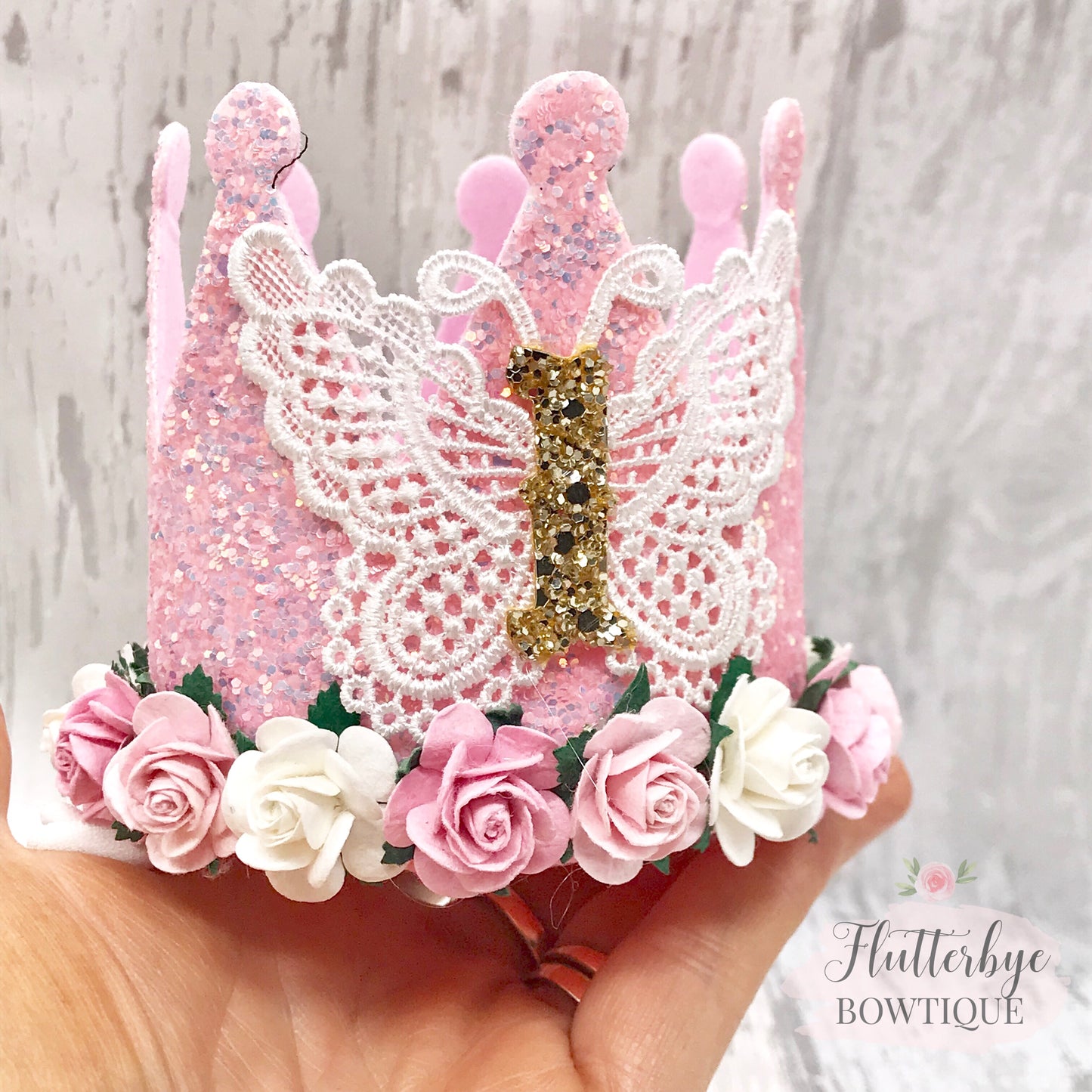Lace Butterfly Birthday Crown, Cake Smash Props - Flutterbye Bowtique