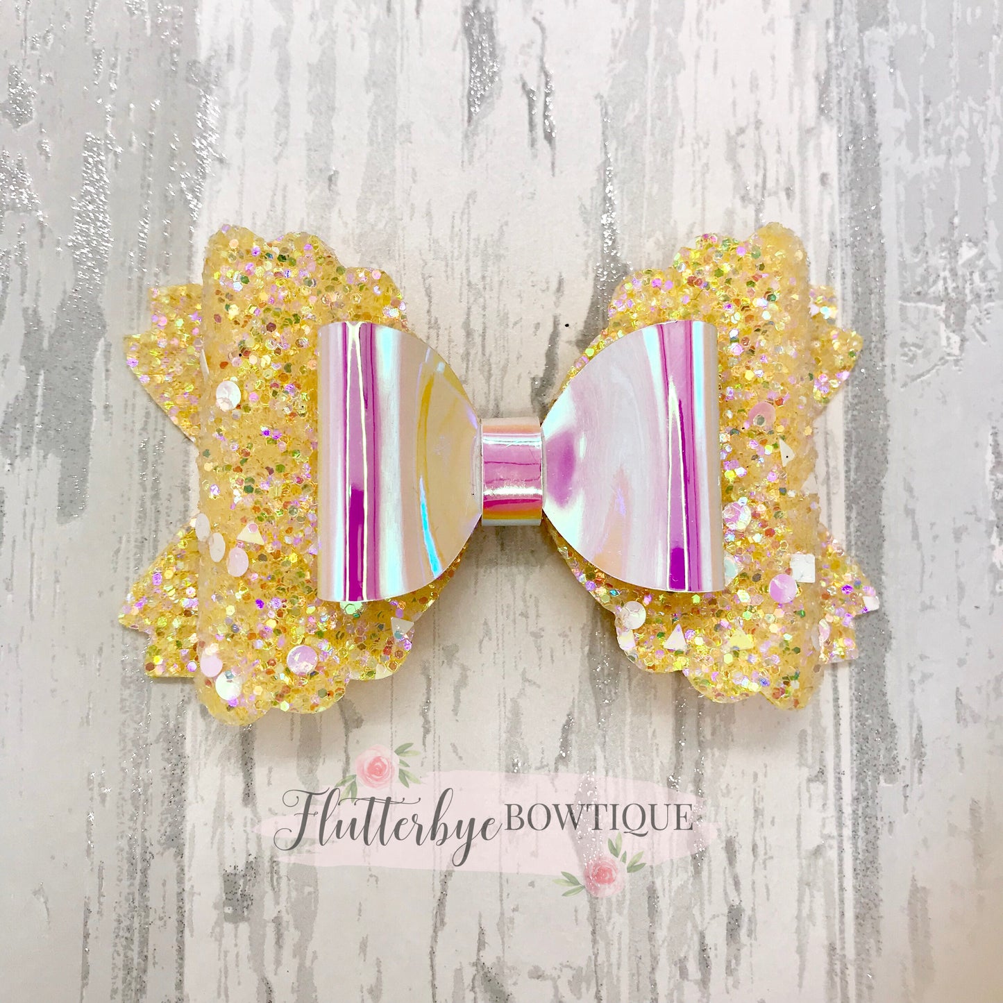 Iridescent Glitter and Mirror Scalloped Double Bow - Flutterbye Bowtique