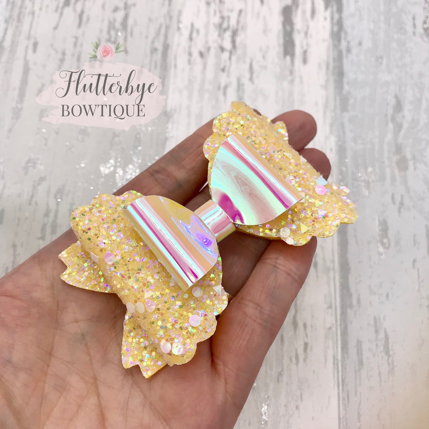 Iridescent Glitter and Mirror Scalloped Double Bow - Flutterbye Bowtique