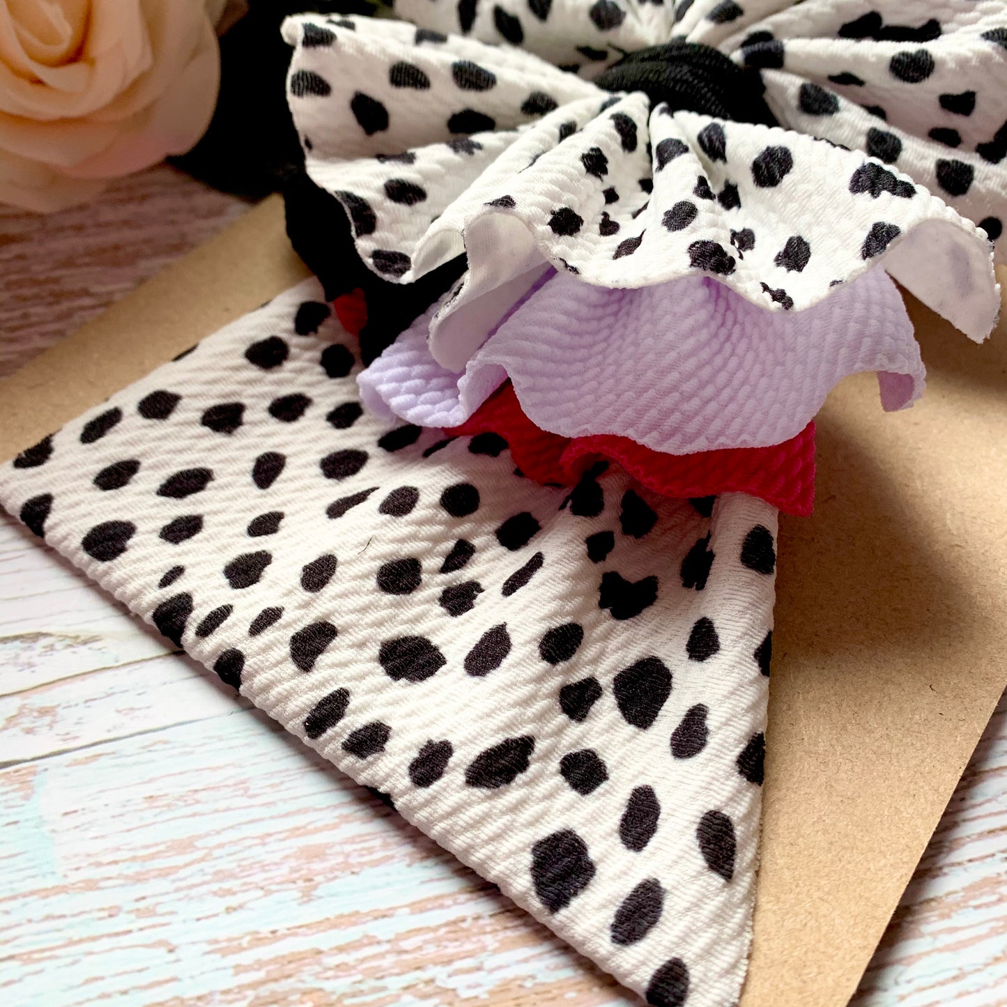 Dalmatian Ruffle head wrap, stretchy baby headband