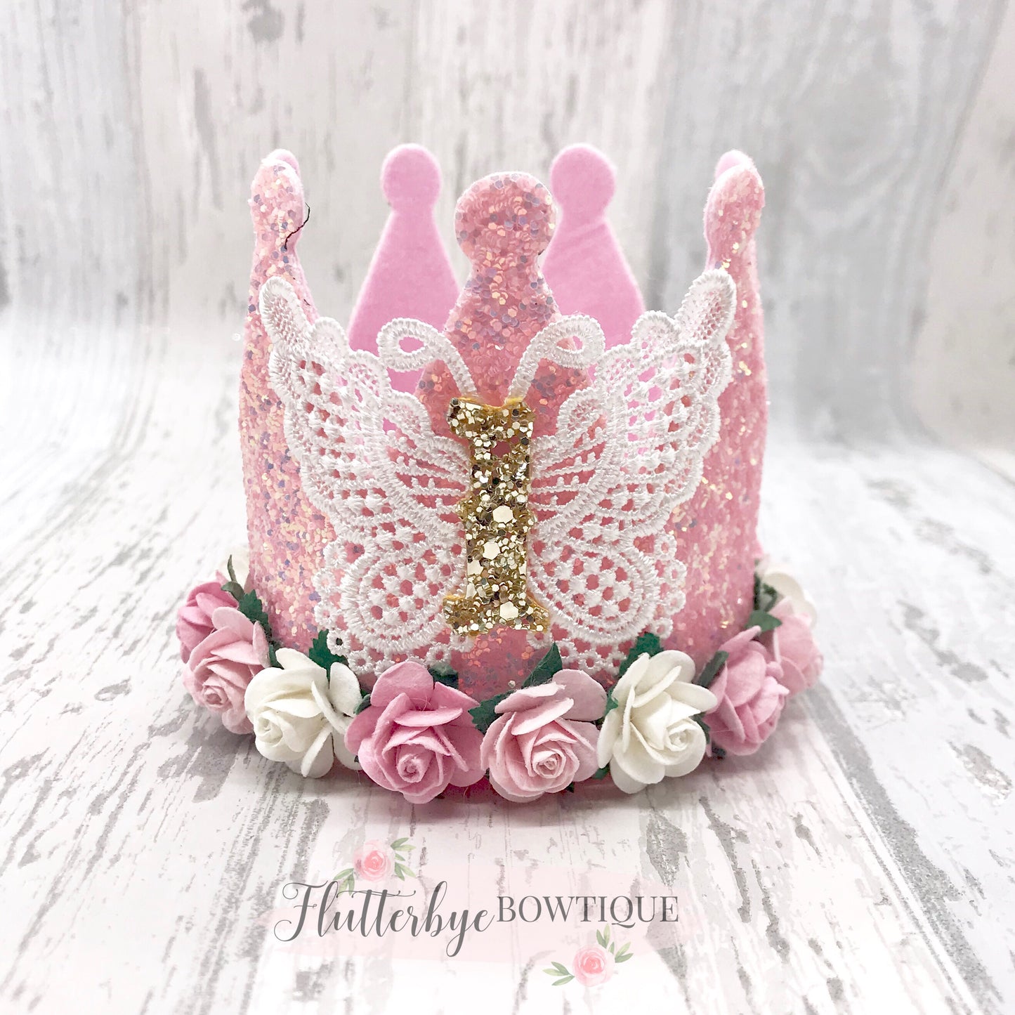 Lace Butterfly Birthday Crown, Cake Smash Props - Flutterbye Bowtique