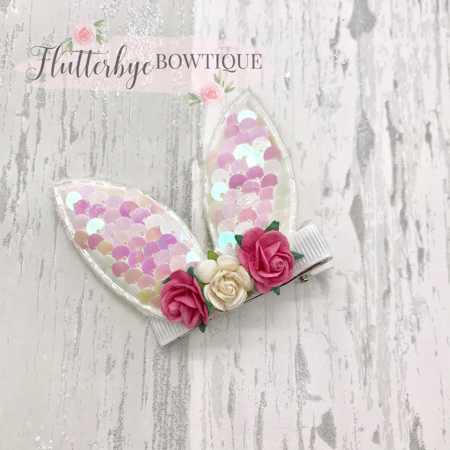 Cute Sequin Bunny Hair Clip, Floral bunny clip set - Flutterbye Bowtique