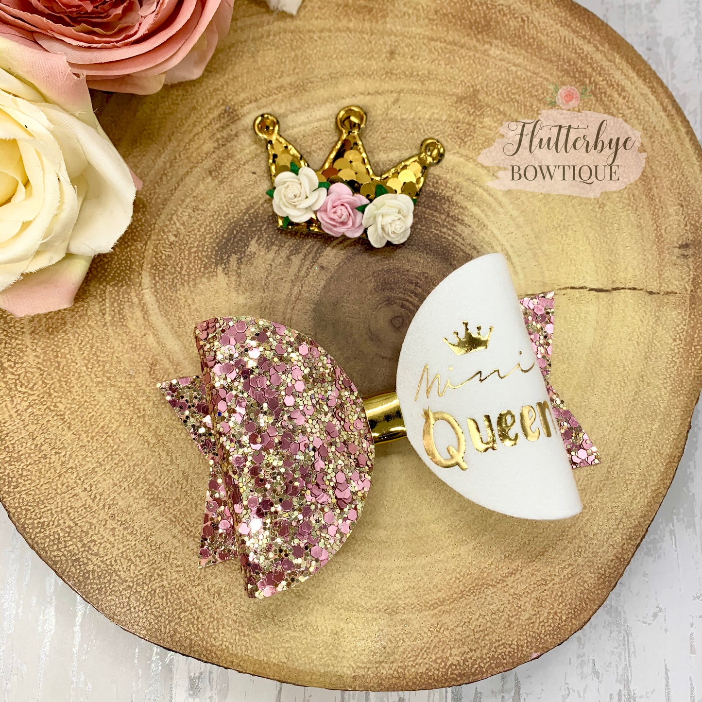 Personalised Mini Queen Set Hair Bow, Crown Bow - Flutterbye Bowtique