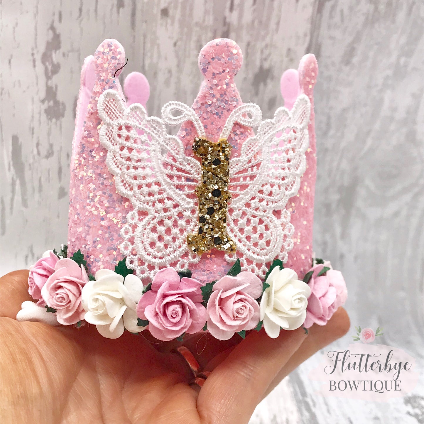 Lace Butterfly Birthday Crown, Cake Smash Props - Flutterbye Bowtique
