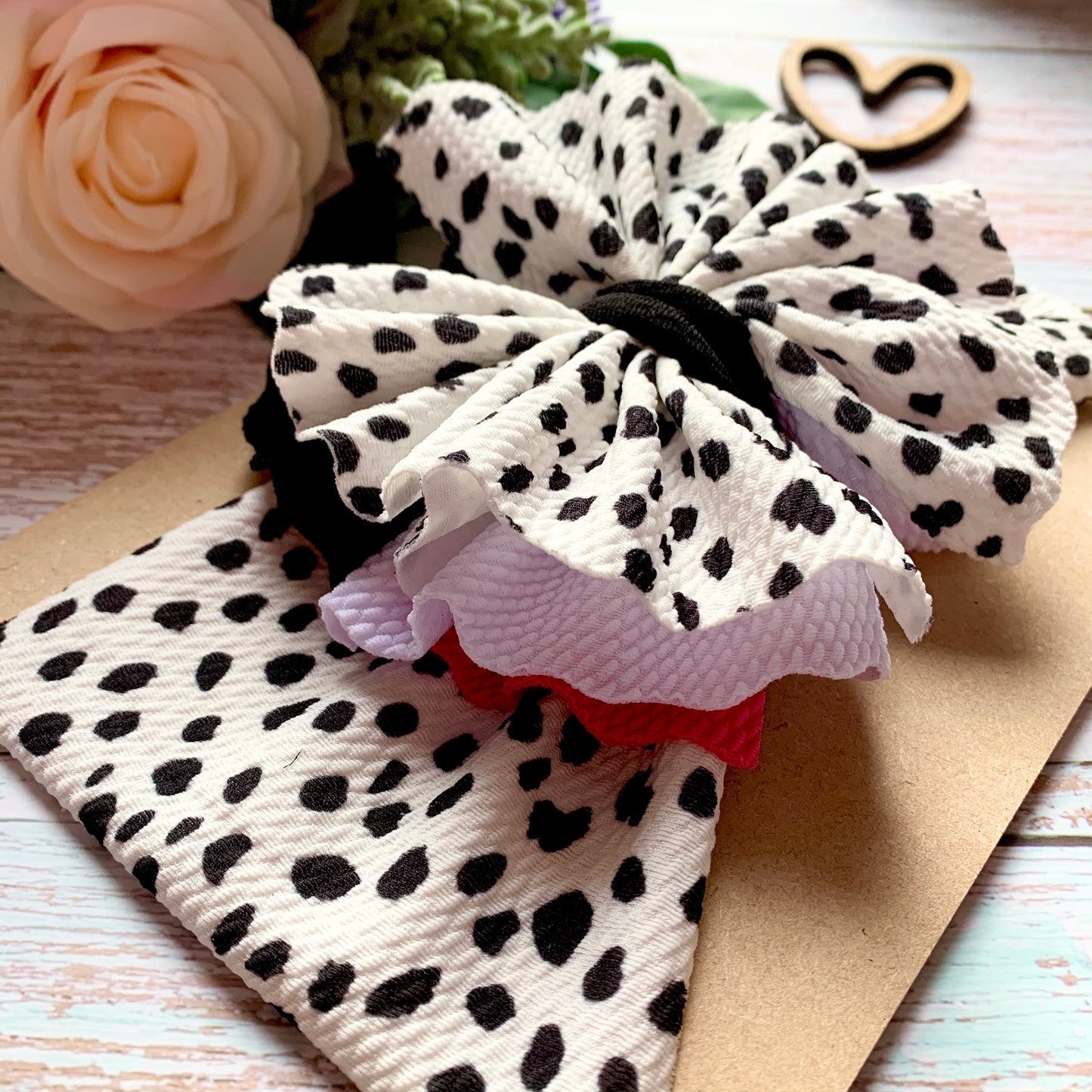 Dalmatian Ruffle head wrap, stretchy baby headband