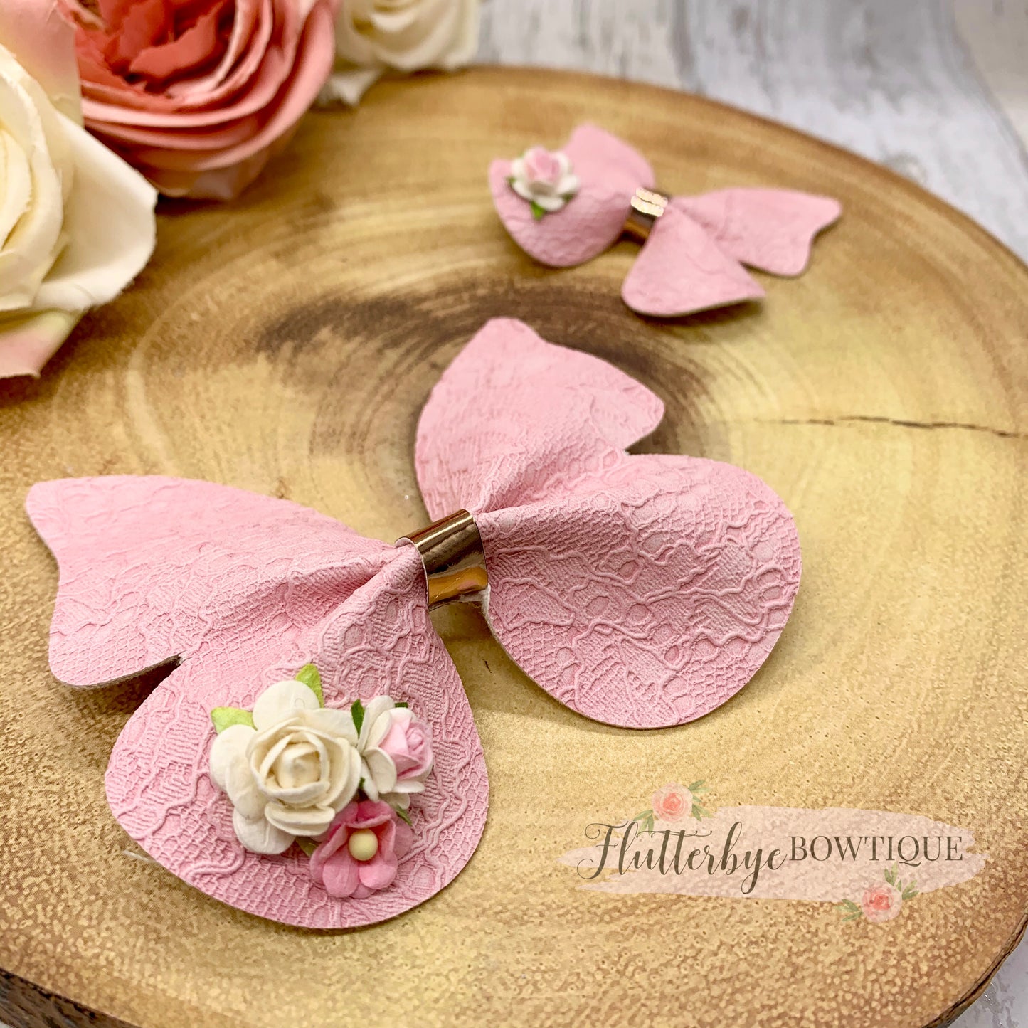 Lace Leatherette Butterfly Hair Clip, Floral Butterflies bow - Flutterbye Bowtique