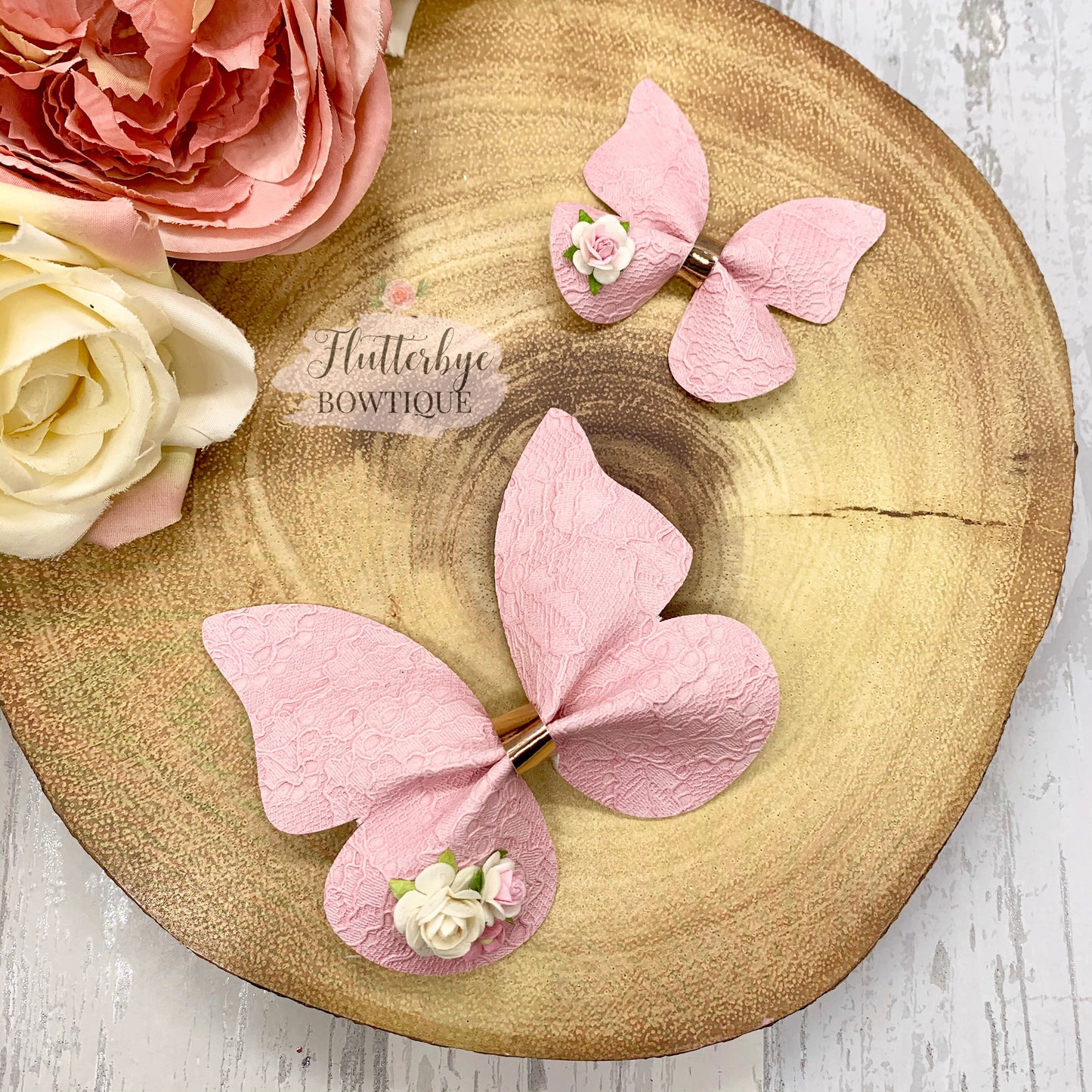 Lace Leatherette Butterfly Hair Clip, Floral Butterflies bow - Flutterbye Bowtique