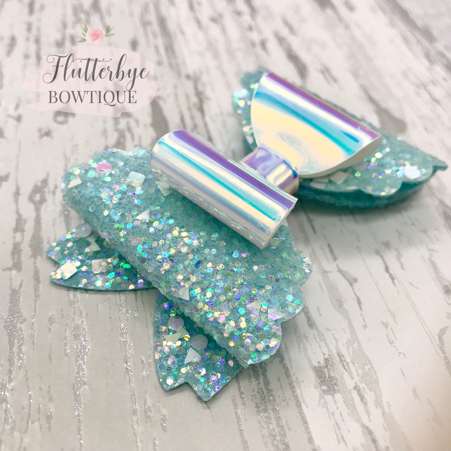 Iridescent Glitter and Mirror Scalloped Double Bow - Flutterbye Bowtique