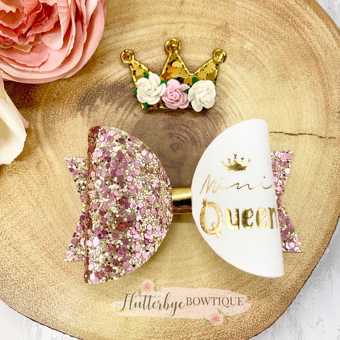 Personalised Mini Queen Set Hair Bow, Crown Bow - Flutterbye Bowtique