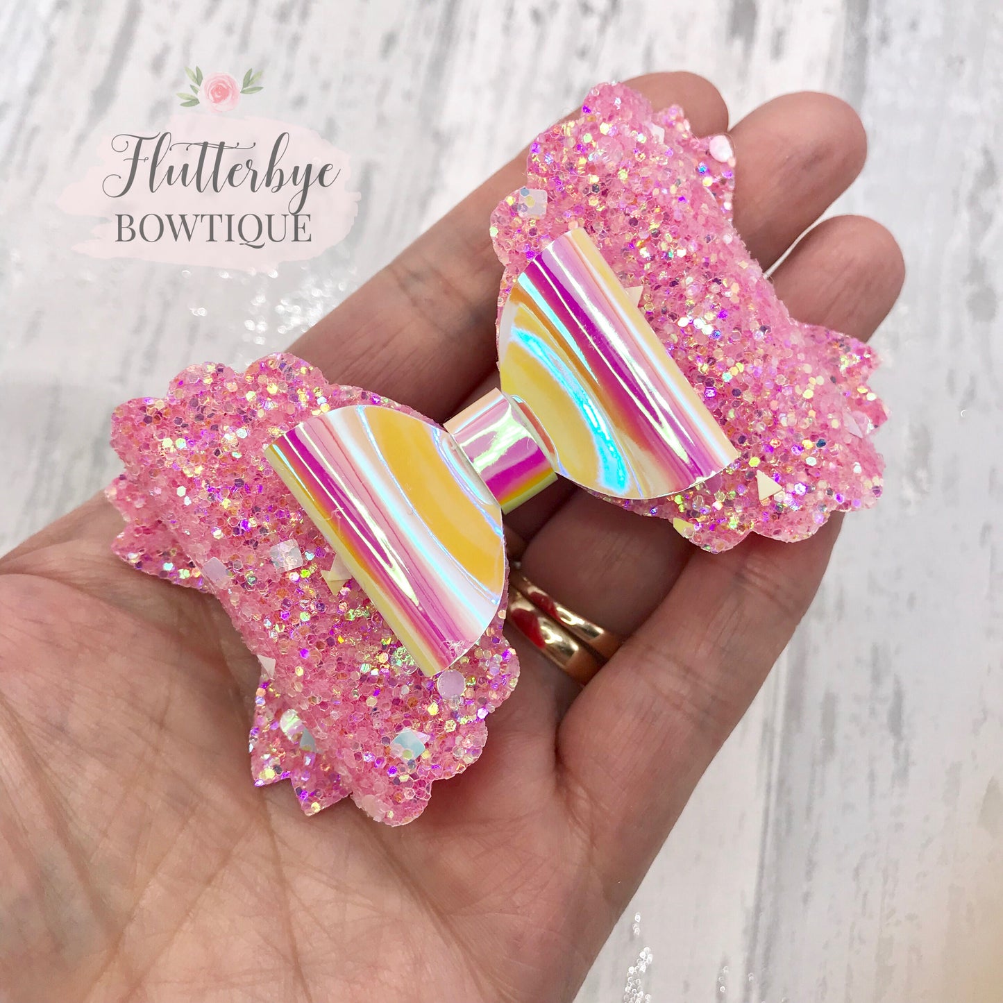 Iridescent Glitter and Mirror Scalloped Double Bow - Flutterbye Bowtique
