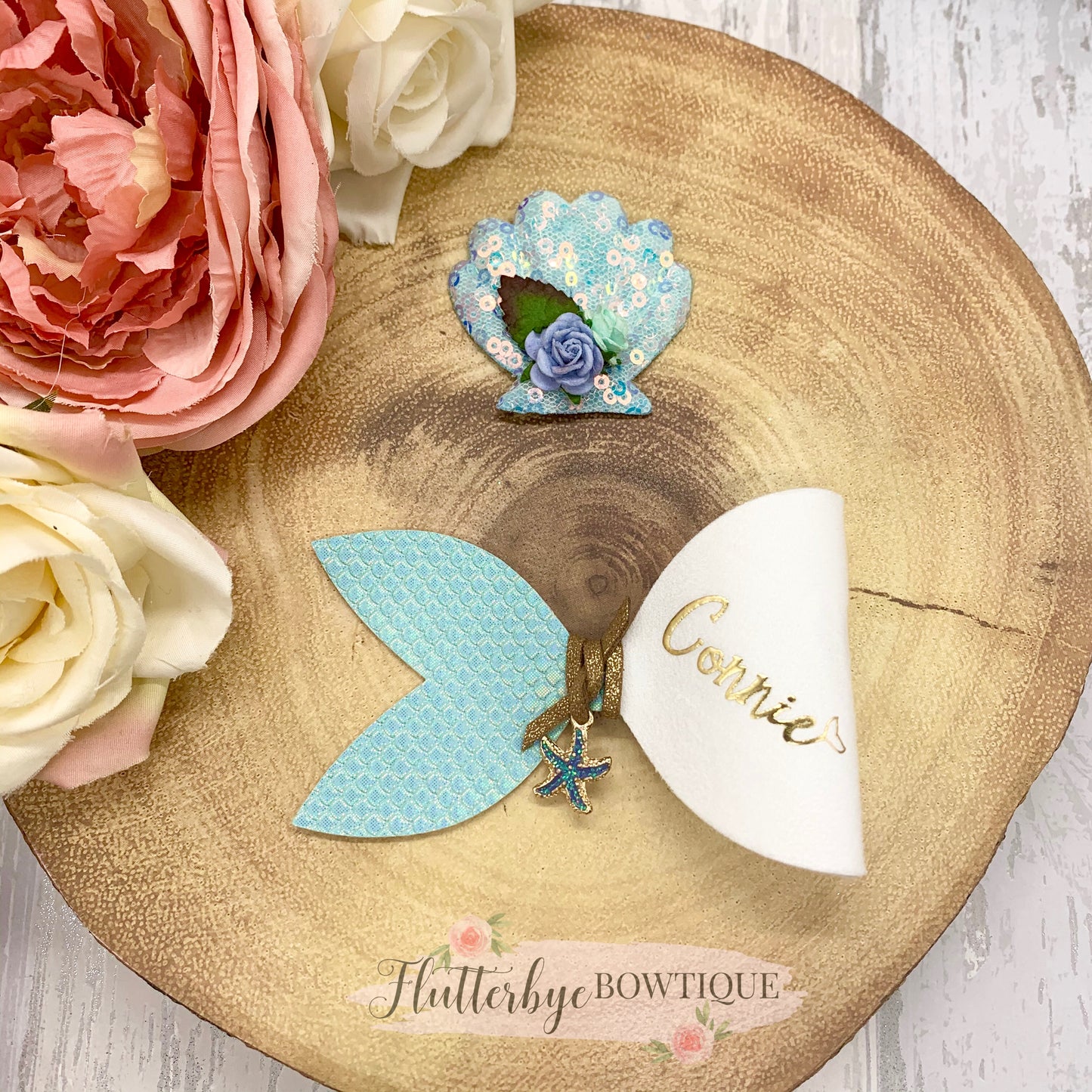 Personalised Mermaid Hair Bow and Shell clip set - Flutterbye Bowtique
