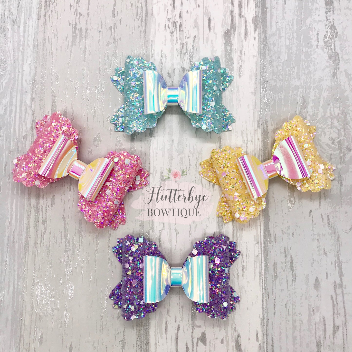 Iridescent Glitter and Mirror Scalloped Double Bow - Flutterbye Bowtique