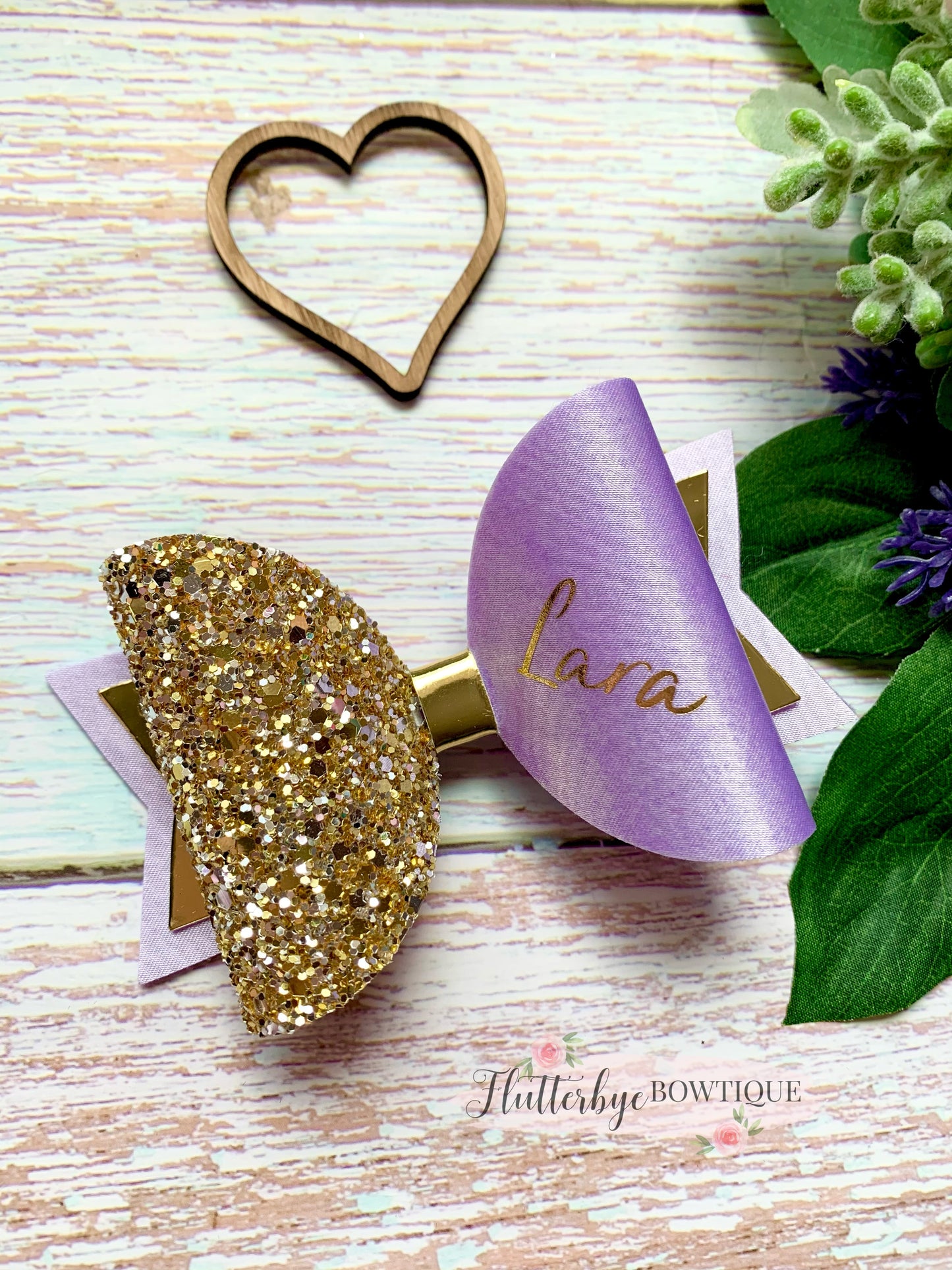 Personalised Lilac Satin Bow, Gold Glitter Name Bow
