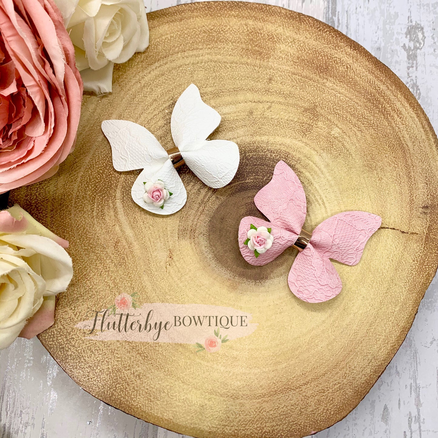 Lace Leatherette Butterfly Hair Clip, Floral Butterflies bow - Flutterbye Bowtique