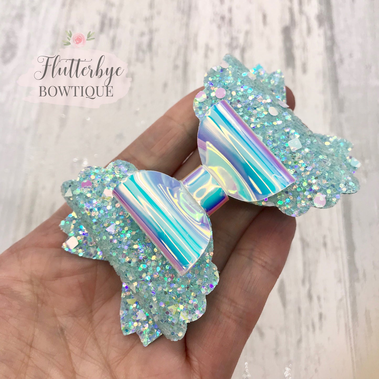 Iridescent Glitter and Mirror Scalloped Double Bow - Flutterbye Bowtique