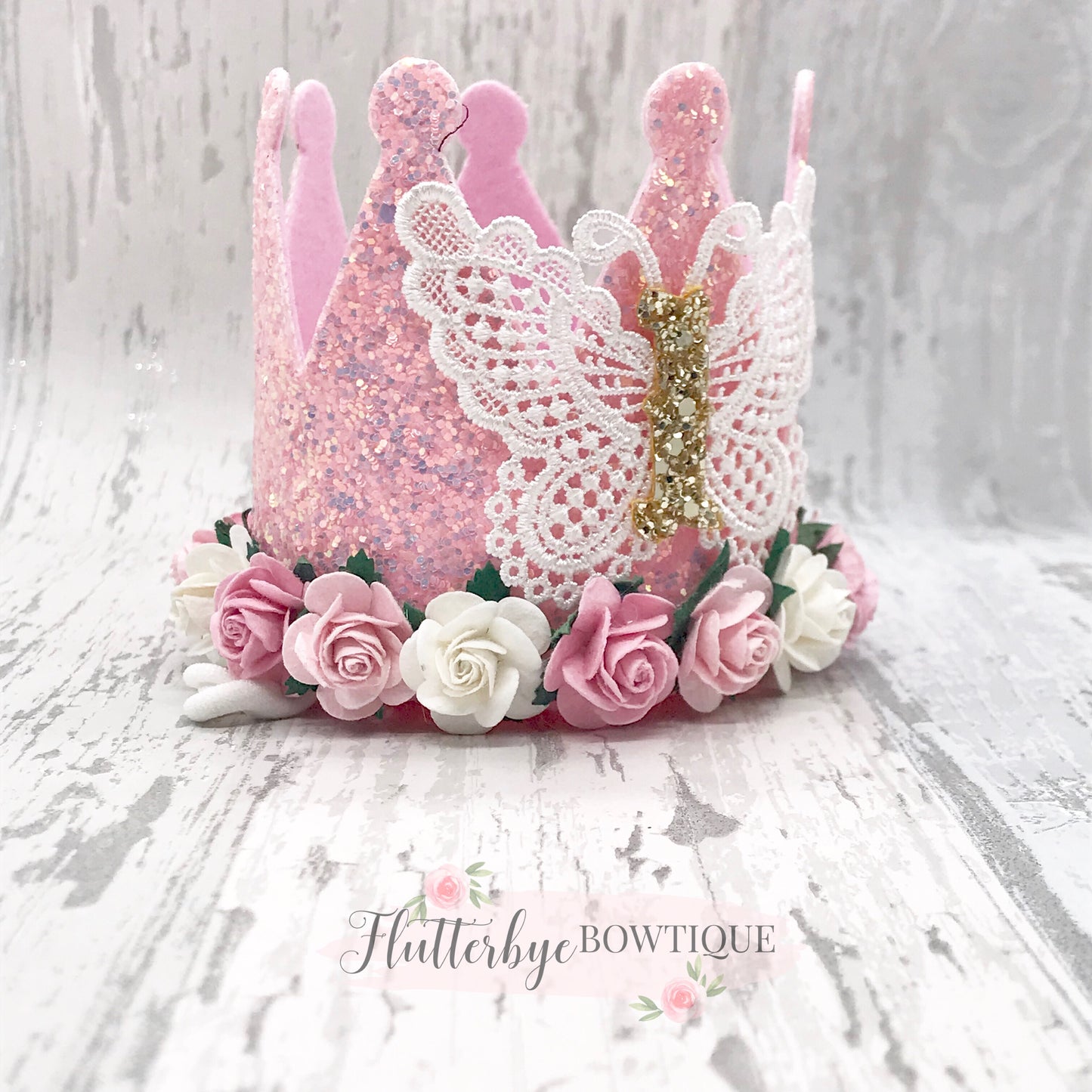 Lace Butterfly Birthday Crown, Cake Smash Props - Flutterbye Bowtique