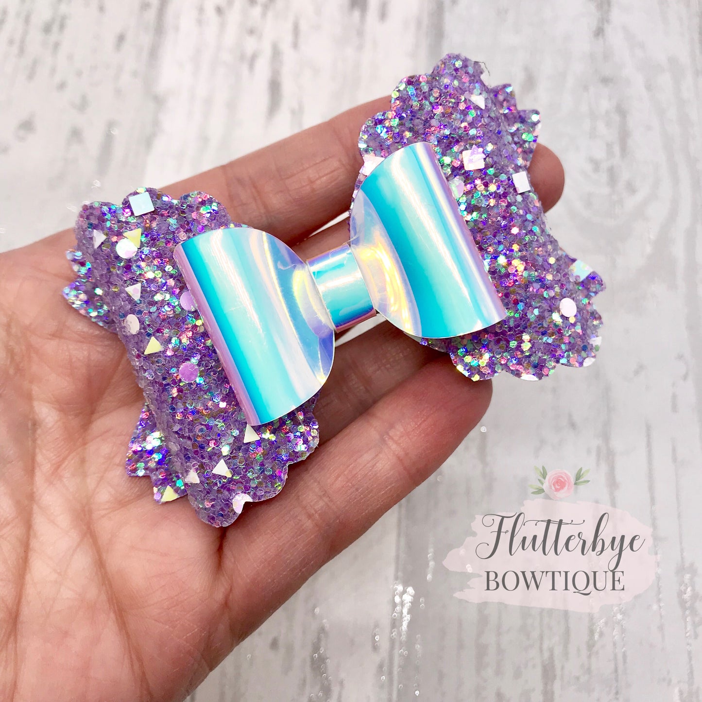 Iridescent Glitter and Mirror Scalloped Double Bow - Flutterbye Bowtique