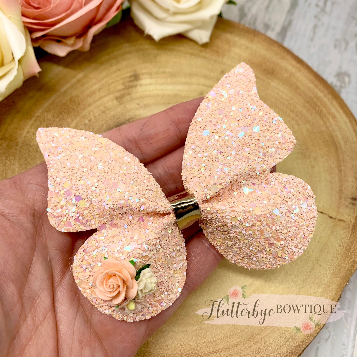 Peach Glitter Butterfly Hair Clip, Floral Butterflies bow - Flutterbye Bowtique