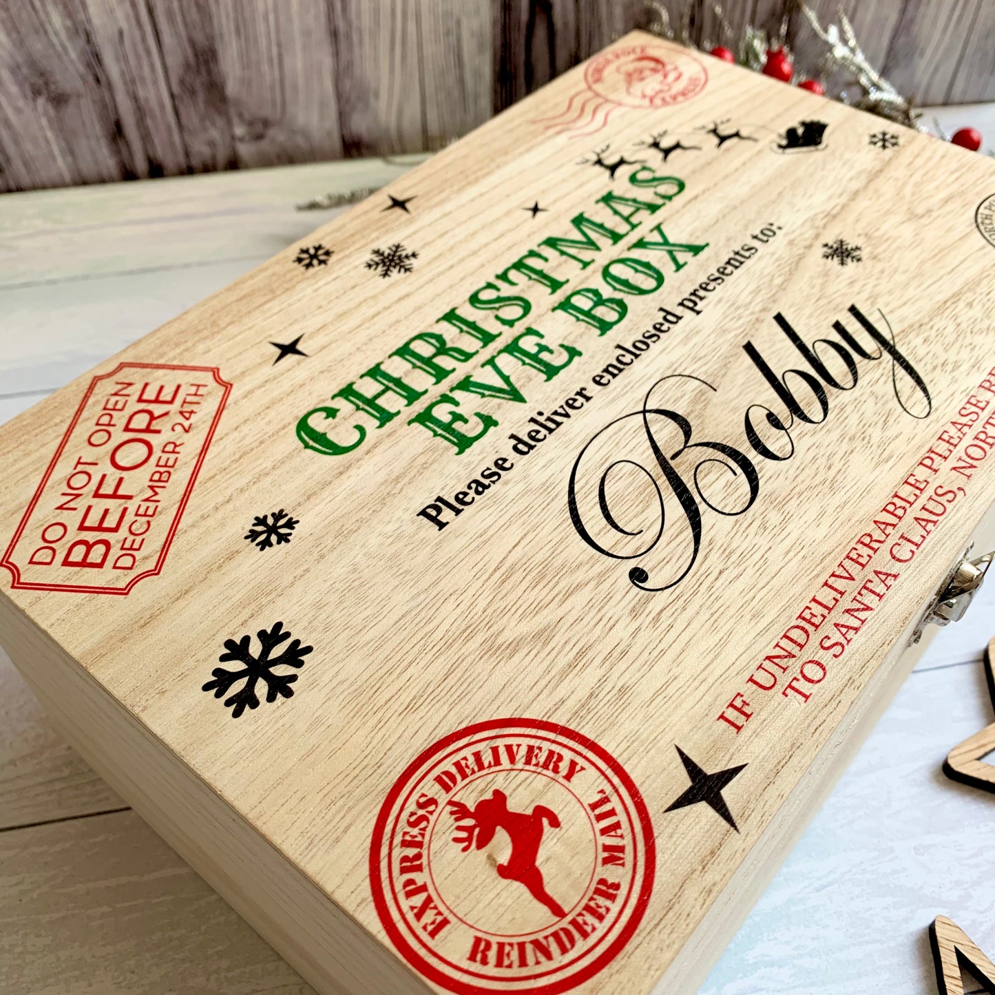 Christmas Eve Box, personalised festive wooden box