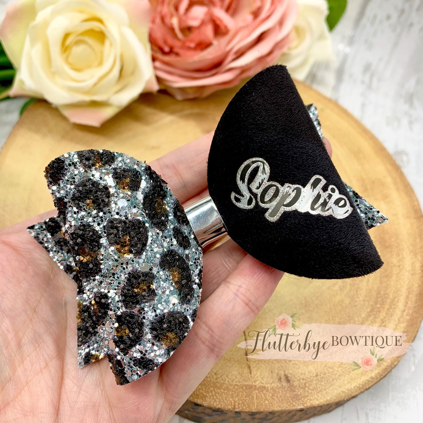 Silver Personalised Leopard Glitter Hair Bow