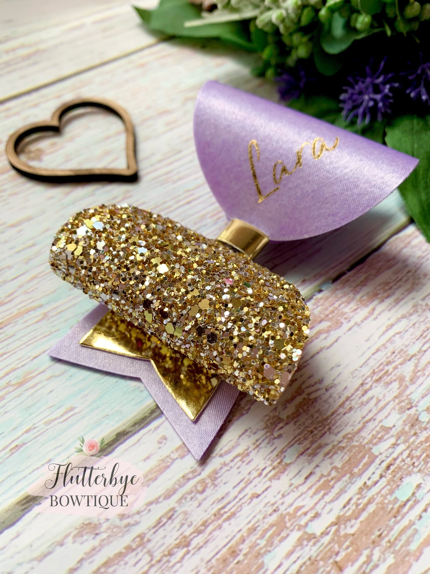 Personalised Lilac Satin Bow, Gold Glitter Name Bow
